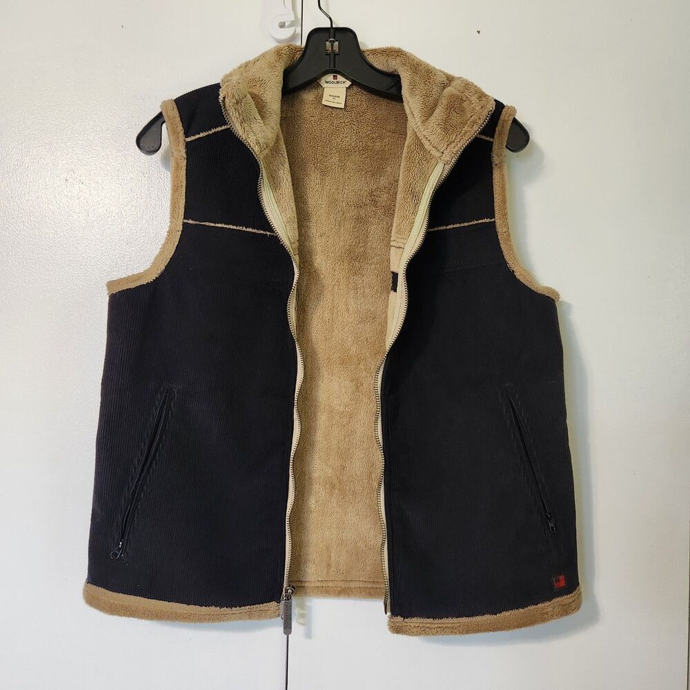 Woolrich Womens Medium Black Corduroy Full Zip Fleece Sleeveless Vest
